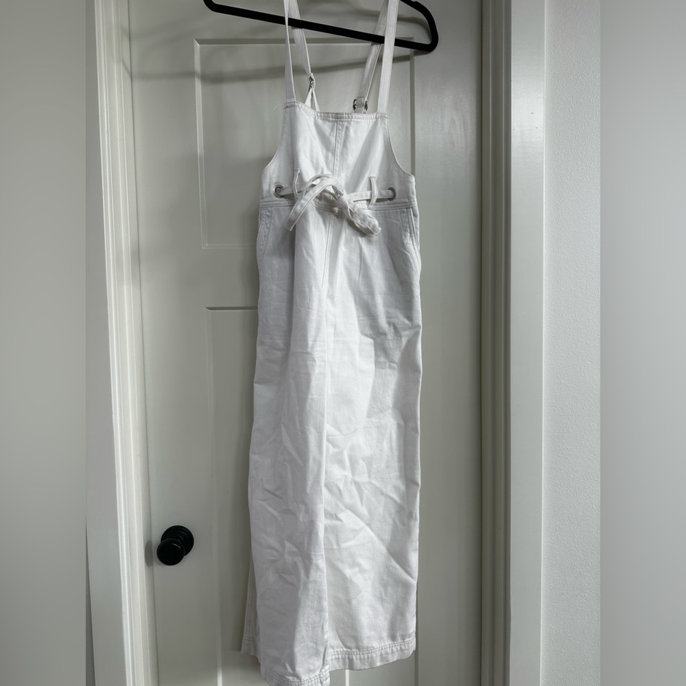 Free People white denim wide leg overalls with tie waist detail size xs